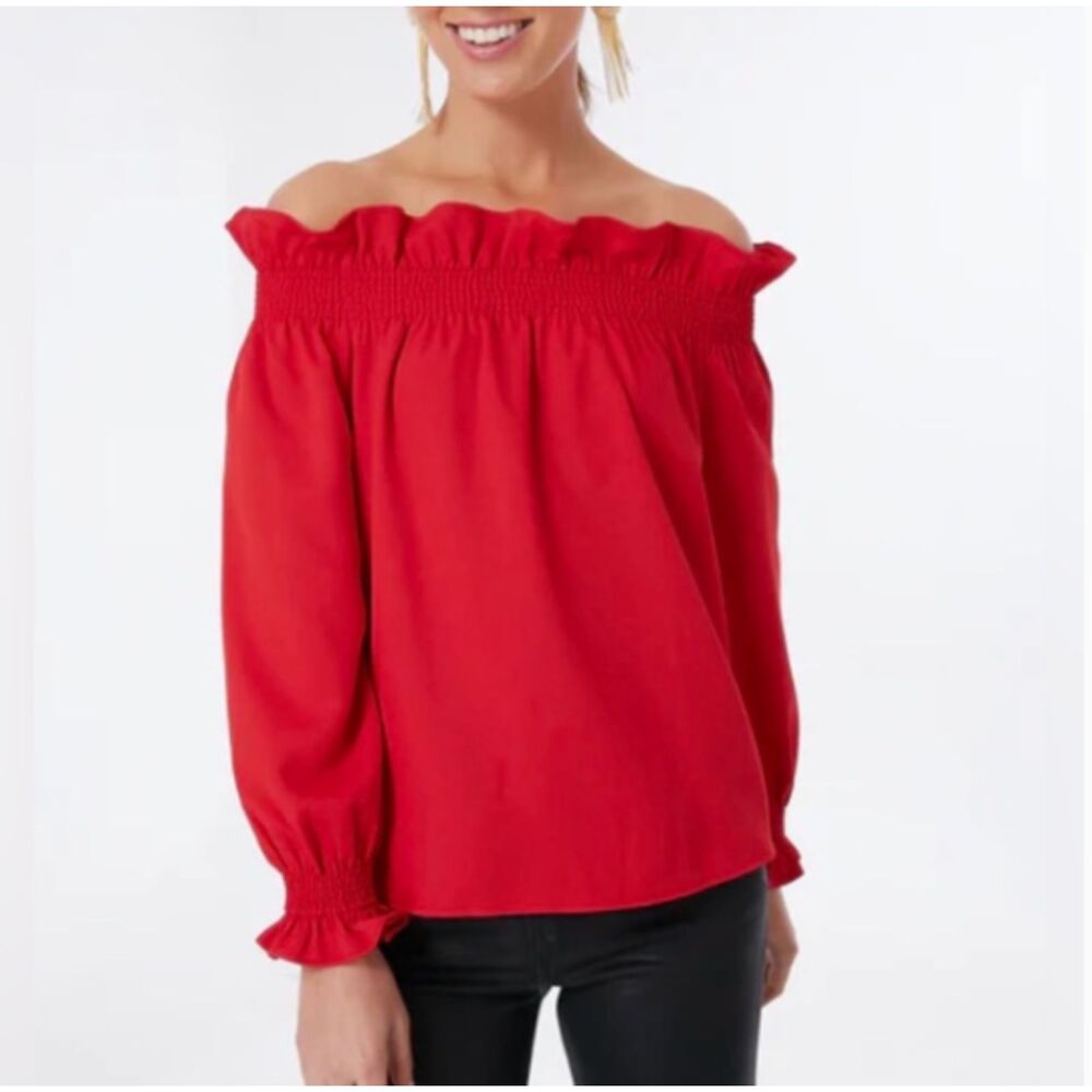 Tuckernuck Marguerite Blouse XS Red Off the Shoulder Smocked Ruffle Preppy
